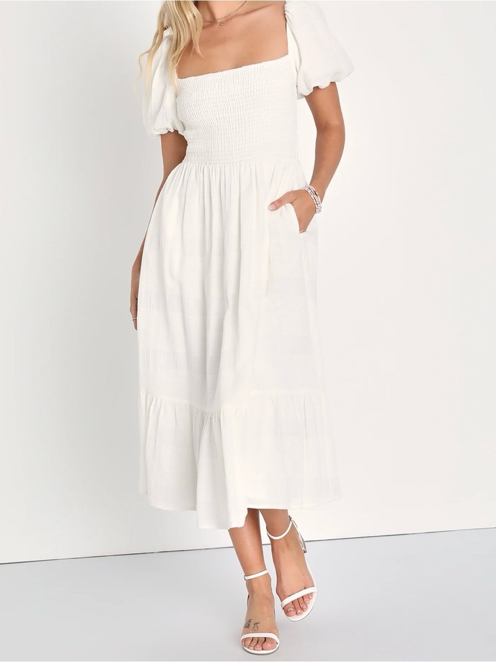 NWT Budding Charm White Smocked Puff Sleeve Midi Dress With Pockets
